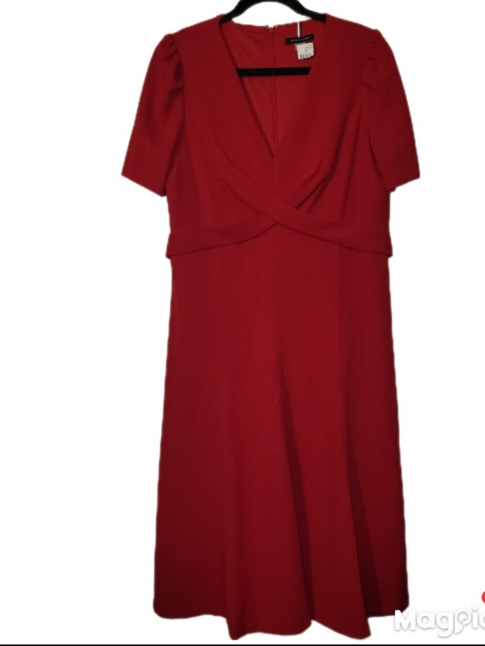 Tommy Hilfiger Red Scuba-Crepe Fit & Flair V-Neck Puff Sleeve Sz 14  Dress